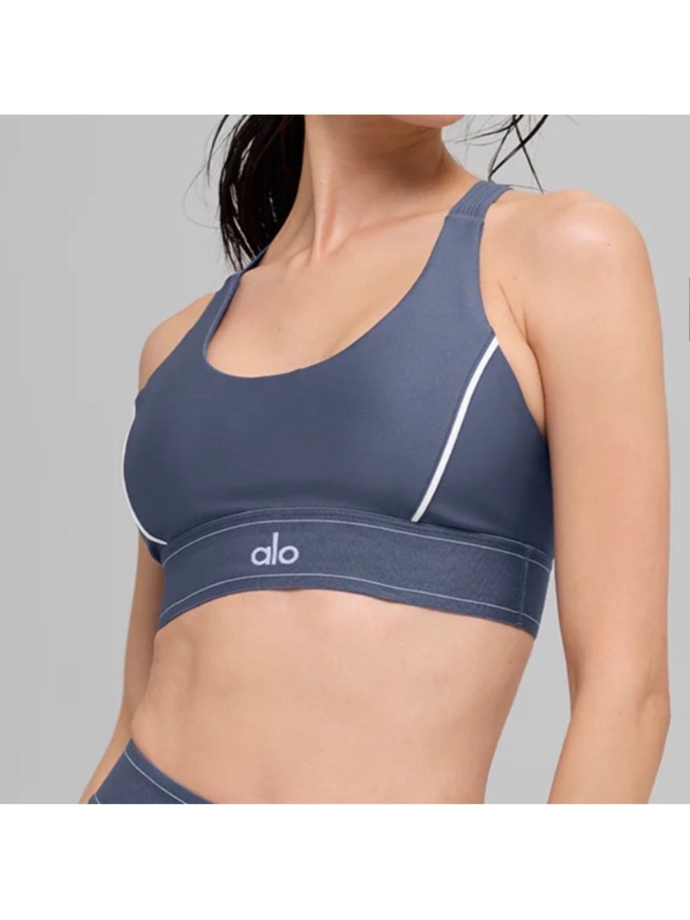 ALO Yoga Slate Blue Medium Support Sports Bra with White Piping nwt